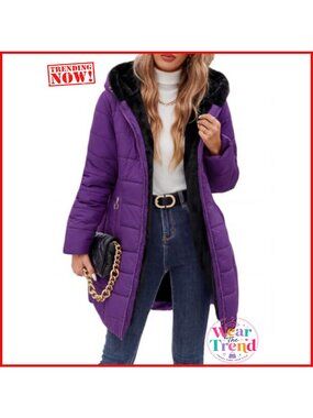 Women's Fleece Lined Down Jacket Warm Winter Puffer Coat Hooded